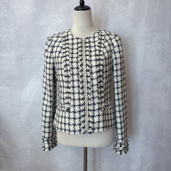 Karl Lagerfeld Paris Woven Jacket Tweed Zip Up Dress Blazer Zipper Cuffs Size 4 - Picture 2 of 16